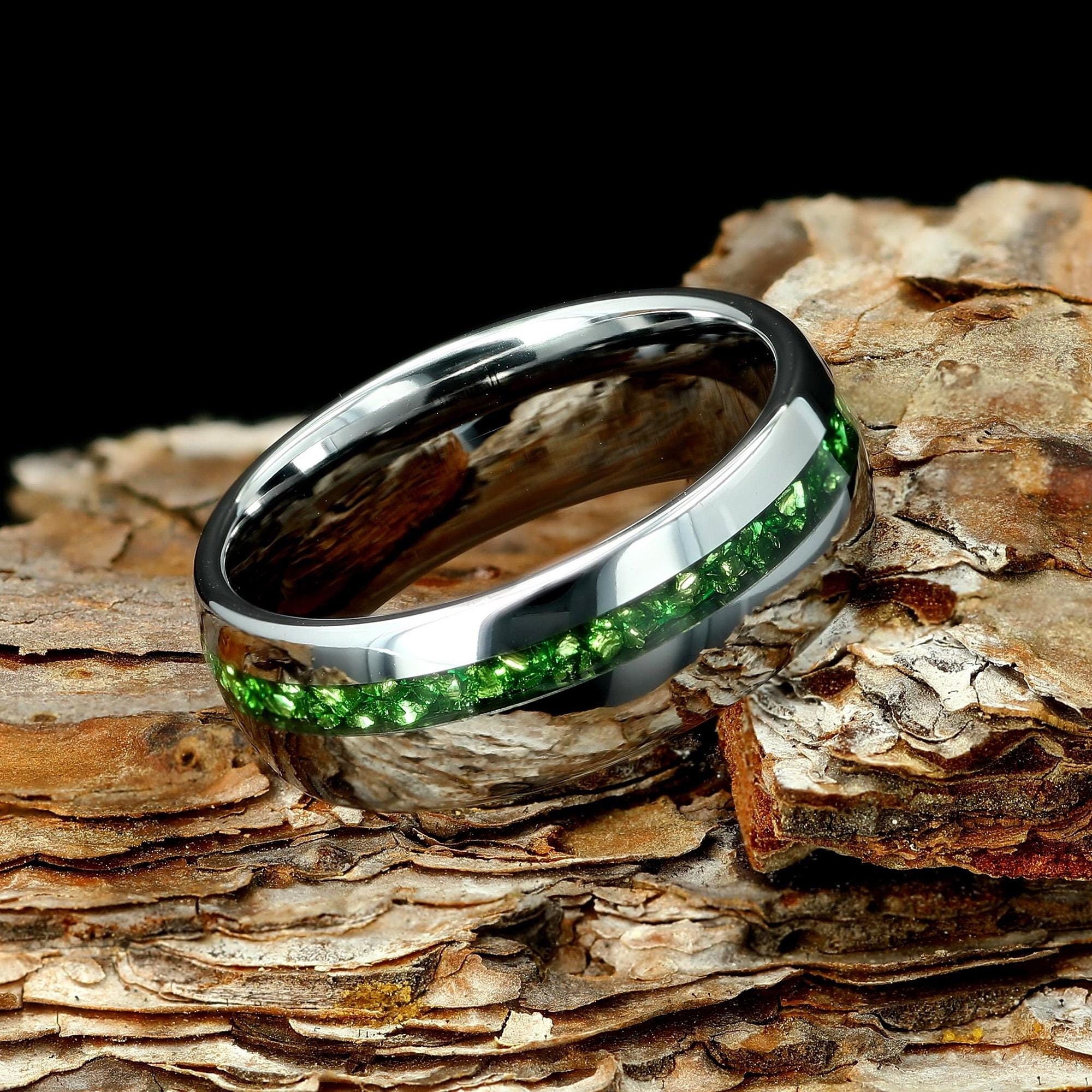 Crushed Emerald Glass Stone Mens 8mm Silver Tungsten Wedding Ring, Mens Wedding Band, Green Gemstone Ring, Dome, Promise Ring Gift For Him