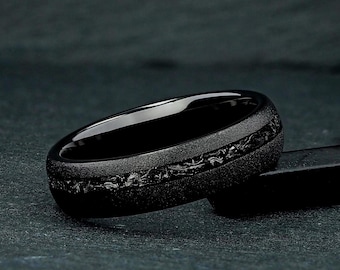 Bague pour homme météorite, bague pour homme tungstène sablé noir 6 mm, alliance pour homme, bague météorite noire, incrustation unique de météorite, cadeau pour lui