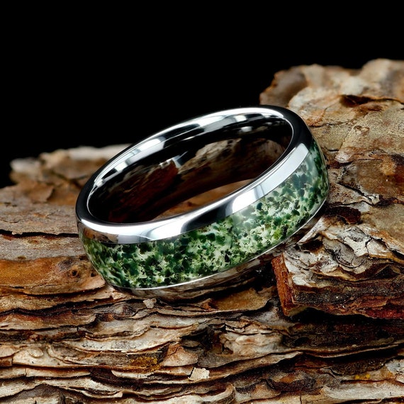 Buy Moss Agate Mens 8mm Silver Polish Tungsten Wedding Ring 