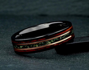 Moss Agate & Whiskey Barrel Wood Ring, 6mm Black Tungsten Mens Wedding Ring, Mens Wedding Band, Eco-Friendly Moss Agate, Unique Groom Gift