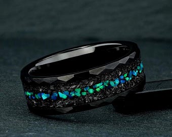 Meteorite & Opal Ring, 8mm Black Hammered Tungsten Mens Wedding Ring, Mens Wedding Band, Opal Mens Ring, Meteorite Mens Wedding Ring