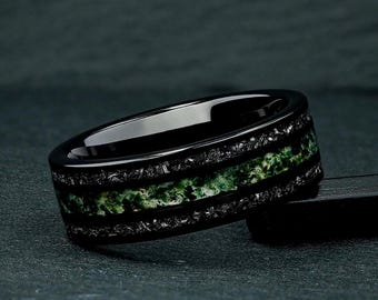Moss Agate & Meteorite Ring, 8mm Black Tungsten Mens Wedding Ring, Mens Wedding Band, Natural Eco-Friendly Moss Agate, Promise Ring for Him