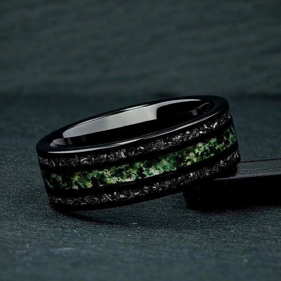 Moss Agate & Meteorite Ring, 8mm Black Tungsten Mens Wedding Ring, Mens Wedding Band, Natural Eco-Friendly Moss Agate, Promise Ring for Him