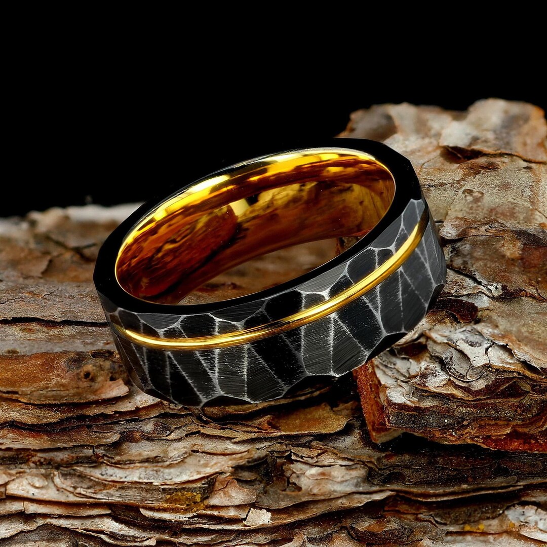 Thin Yellow Gold Line Strip Mens 8mm Distressed Hammered Gold Tungsten ...
