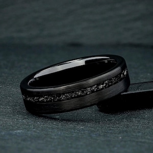 Bague pour homme météorite, alliance pour homme tungstène brossé noir 6 mm, alliance pour homme, incrustation unique de météorite, cadeau bague pour homme pour lui