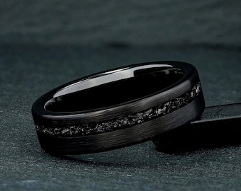 Meteorite Mens Ring, 6mm Black Brushed Tungsten Mens Wedding Ring, Mens Wedding Band, Unique Meteorite Inlay, Mens Ring Gift for Him