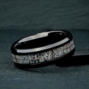 Deer Antler, Fishing Line & Hook Ring, 8mm Black Tungsten Mens Wedding Ring, Mens Wedding Band, Unique Outdoor Ring, Antler Ring