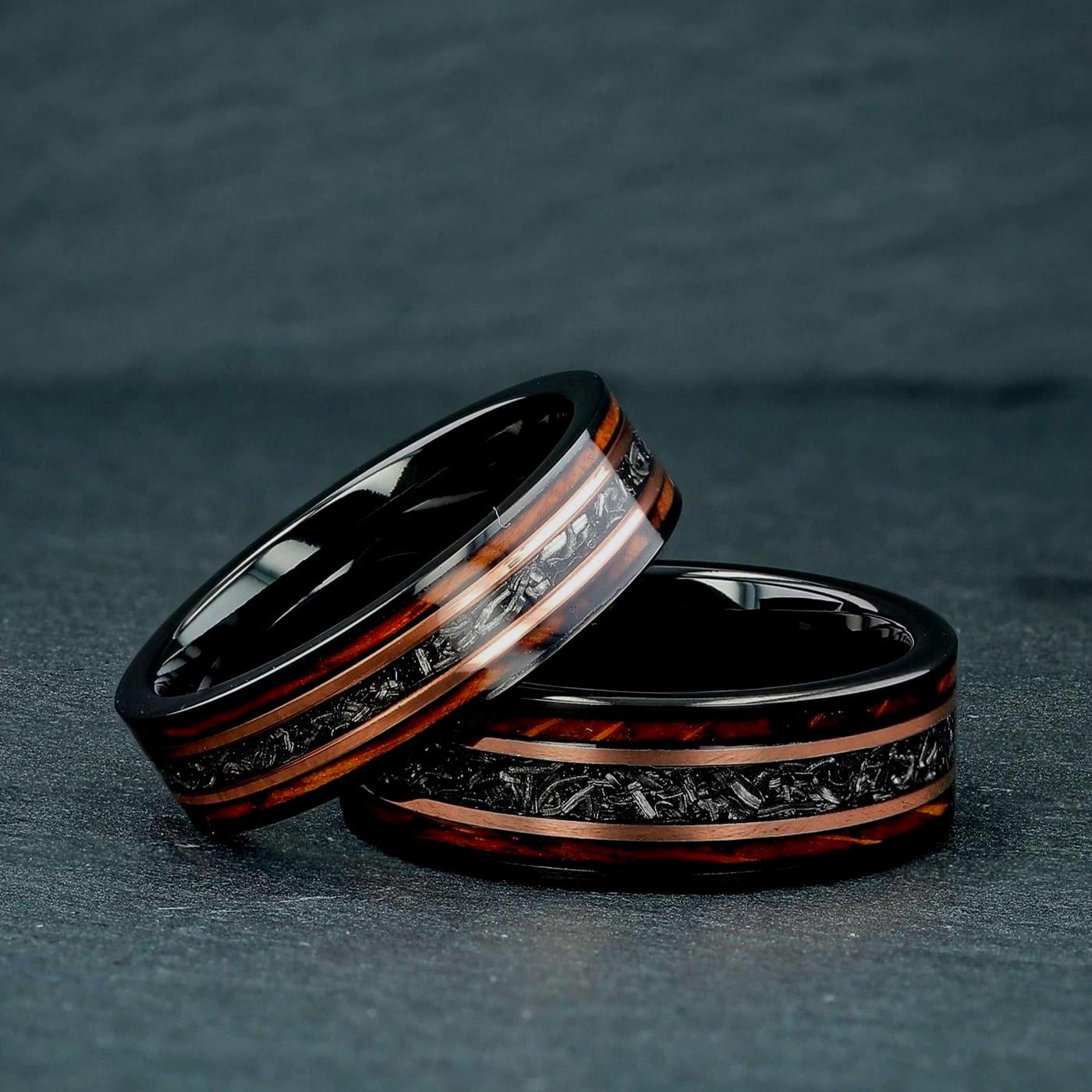 Matching Barrel Rings Meteorite With Charred Whiskey Barrel Wood Ring, Black Tungsten Wedding ...