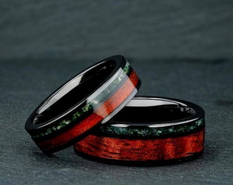Moss Agate with Hawaiian Koa Wood, Black Tungsten Wedding Ring, 8mm & 6mm Comfort Fit Couples Wedding Band, Couples Matching Rings