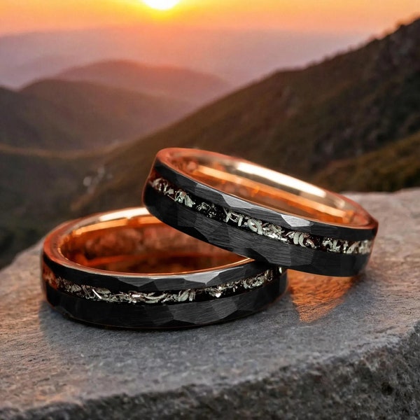 Women's Meteorite Black / Rose Gold Hammered 5mm Tungsten Carbide Wedding Band, Womens Tungsten Ring, Meteor Black Faceted Ring