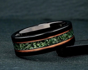 Moss Agate & Rose Gold Strips Ring, 8mm Black Tungsten Mens Wedding Ring, Mens Wedding Band, Natural Eco-Friendly Moss Agate, Groom Gift