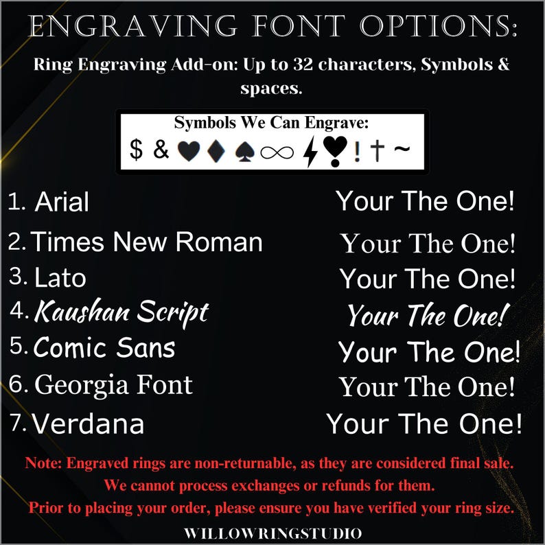 Pu&ograve; includere: Immagine che mostra le opzioni di carattere per l'incisione degli anelli. Include Arial, Times New Roman, Lato, Kaushan Script, Comic Sans, Georgia Font e Verdana. Vengono visualizzati anche i simboli incisi. Il testo recita "Your The One!"