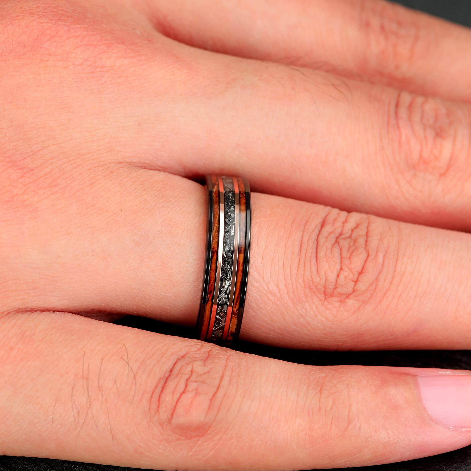 Matching Barrel Rings Meteorite With Charred Whiskey Barrel Wood Ring, Black Tungsten Wedding ...