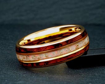 White Fire Opal & Charred Whiskey Barrel Wood Ring, 8mm Yellow Gold Tungsten Mens Wedding Ring, Mens Wedding Band, Opal Ring, Gift for Him