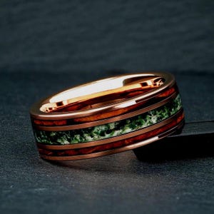 Moss Agate & Whiskey Barrel Wood, 8mm Rose Gold Tungsten Mens Wedding Ring, Mens Wedding Band, Natural Eco-Friendly Moss Agate, Gift for Him