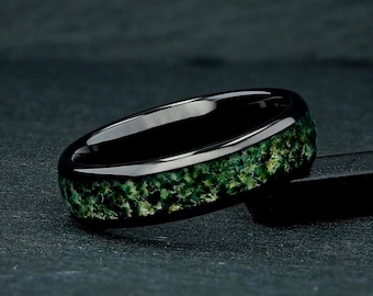 Moss Agate Ring, 6mm Black Tungsten Mens Wedding Ring, Natural Eco-Friendly Moss Agate, Mens Wedding Band, Black Ring, Gift for Him