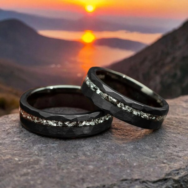 Meteorite Black Hammered Womens 5mm Tungsten Carbide Wedding Ring, Hammered Black Tungsten Ring, Meteorite Womens Ring, Ring for Her