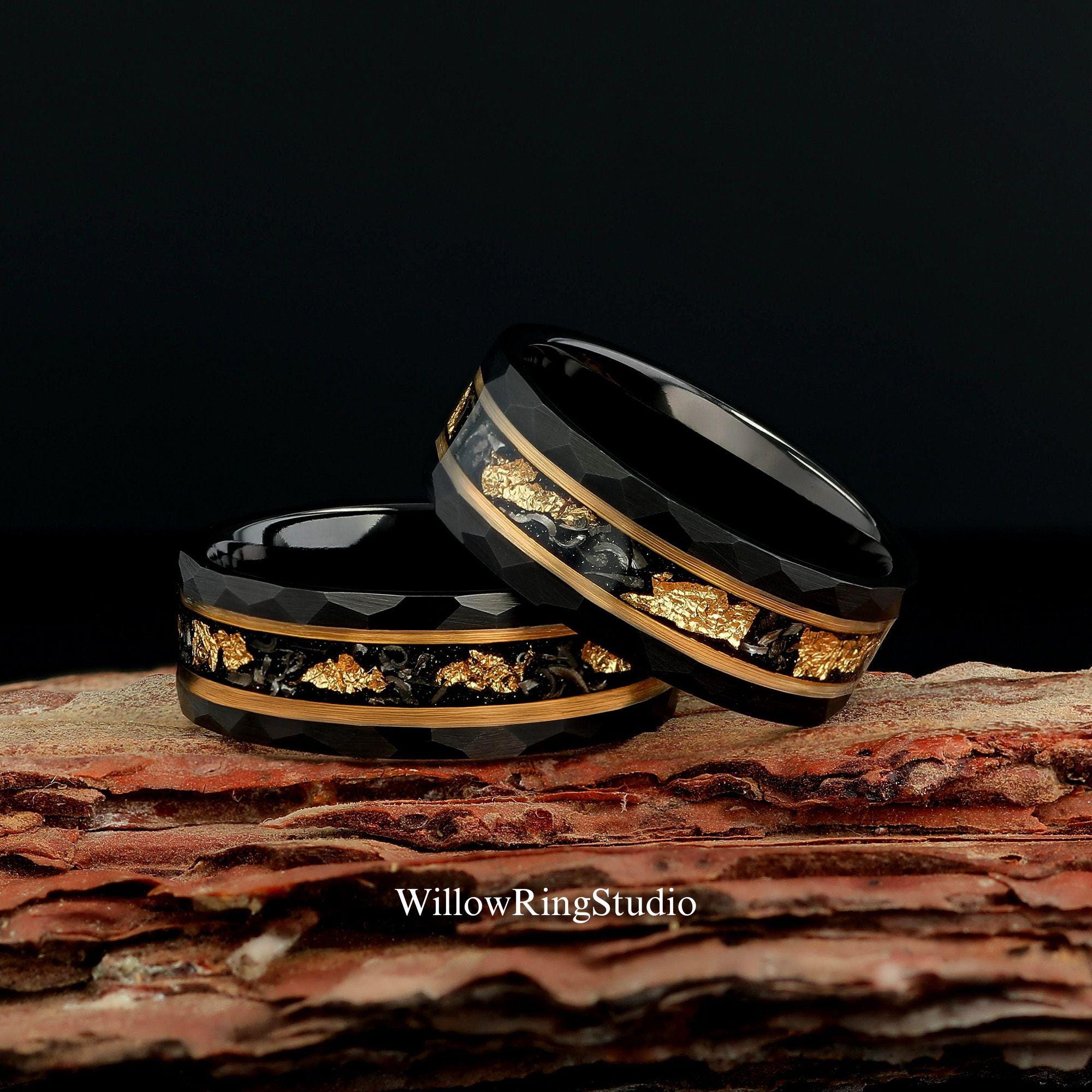 Meteorite & Gold Leaf Hammered Couples Black Tungsten