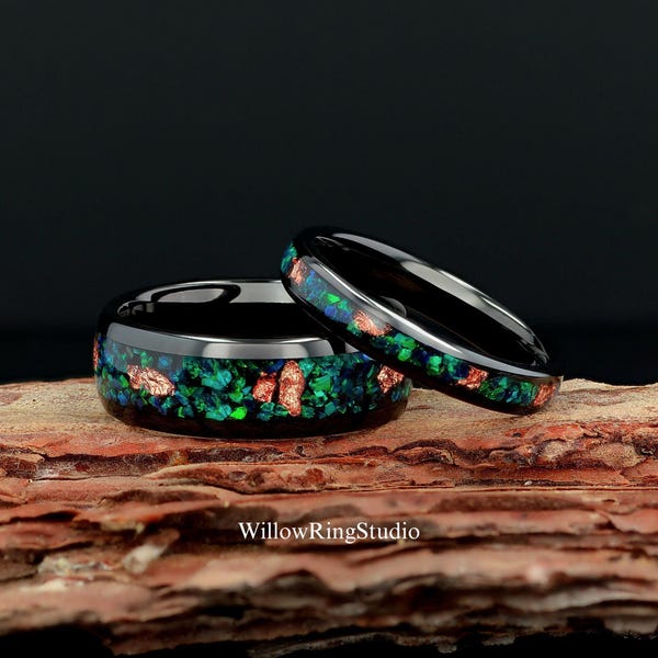 Peacock Fire Opal Couples Black Tungsten Wedding Ring, Couples Wedding Band, Women Wedding Ring, Men Wedding Ring, Opal Ring, 8mm/4mm