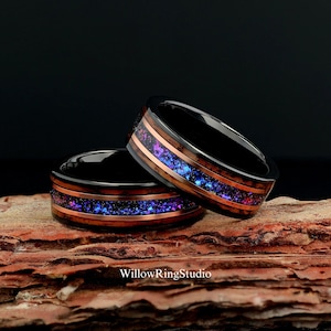 Sandstone Nebula with Charred Whiskey Barrel Wood Mens 8mm Tungsten Wedding Ring, Nebula Black Tungsten Mens Wedding Band, Wood Ring