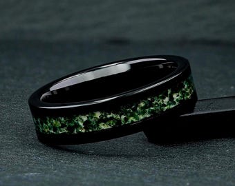 Moss Agate Ring, 6mm Black Tungsten Mens Wedding Ring, Mens Wedding Band, Natural Eco-Friendly Moss Agate, Black Ring, Gift for Him