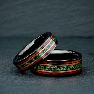 Moss Agate with Charred Whiskey Barrel Wood, Black Tungsten Wedding Ring, 8mm & 6mm Comfort Fit Couples Wedding Band, Couples Matching Rings