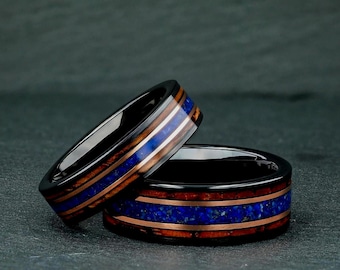 Lapis Lazuli with Charred Whiskey Barrel Wood Ring, Black Tungsten Wedding Ring, 8mm & 6mm Comfort Fit Wedding Band, Couples Matching Rings