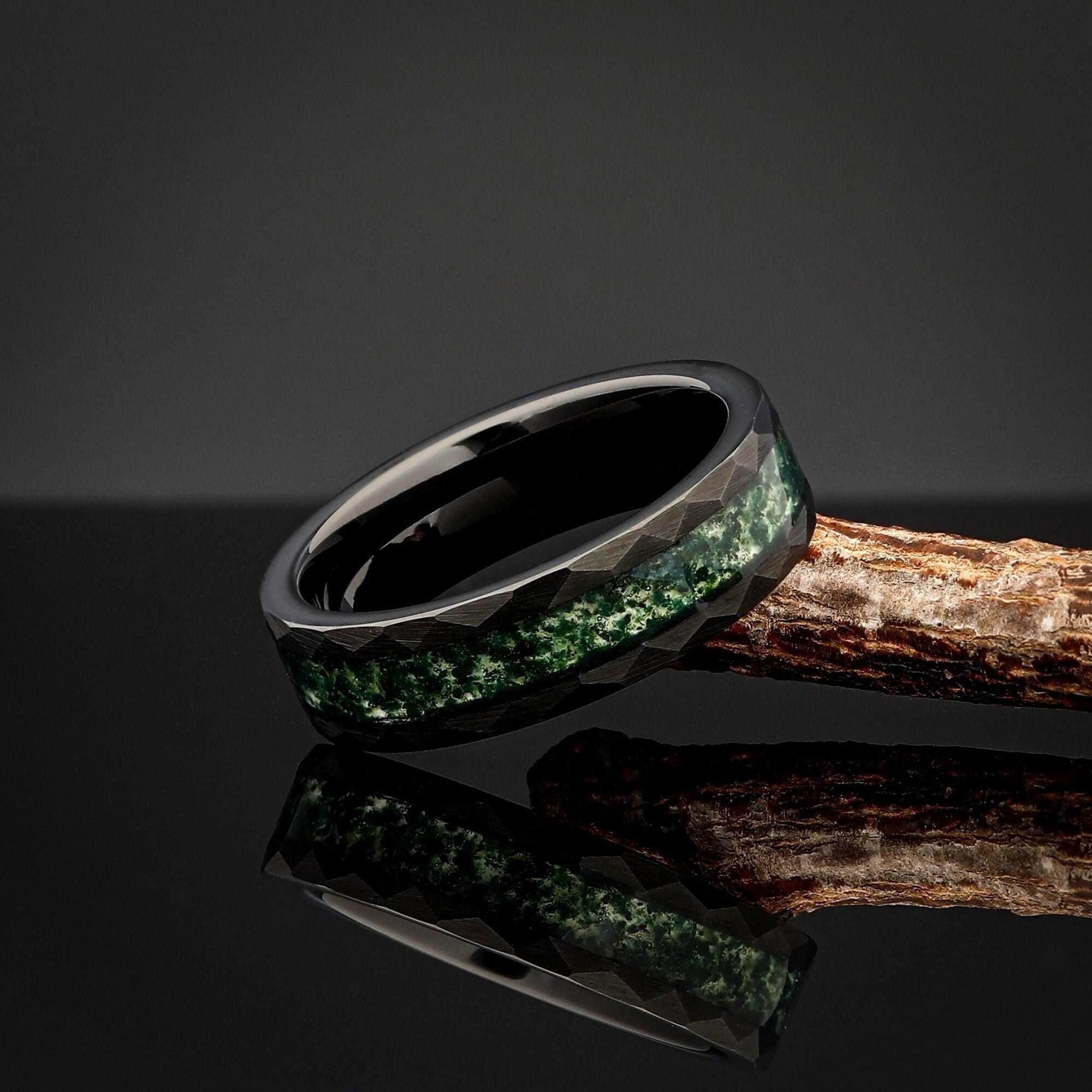 Hammered Black Tungsten Ring, Moss Agate, Mens Wedding Ring, Mens Wedding Band, Natural Eco-Friendly Moss Agate, Black Ring, Comfort Fit 6mm