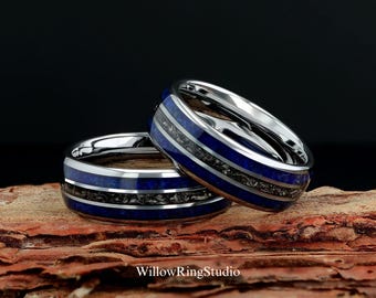 Meteorite & Lapis Lazuli Mens 8mm Silver Tungsten Wedding Ring, Silver Tungsten Meteorite Mens Wedding Band, Lapis Gift for Him, Mens Ring