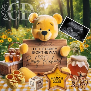 Annuncio di gravidanza di Winnie the Pooh, annuncio digitale del bambino, modello modificabile per i social media di Winnie Pooh, primavera estate gender neutral