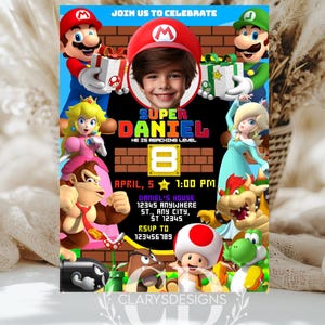 Mario Bros Geburtstagseinladung, Mario Geburtstagsparty Themenkarte, Digitale Einladung, Kindergeburtstagseinladung, Selbst bearbeiten und ausdrucken