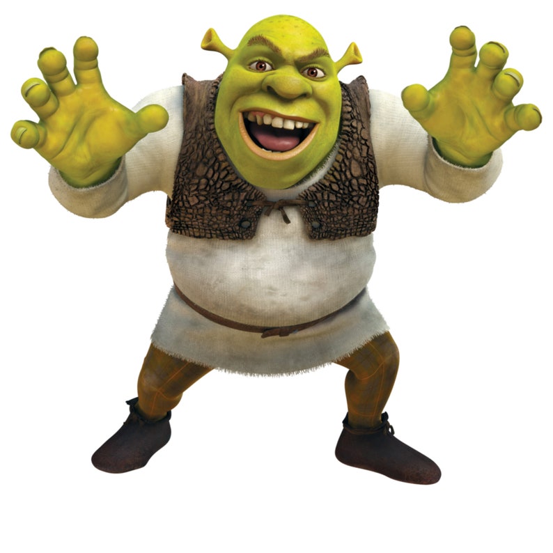 May include: A green ogre with large ears and a wide grin, wearing a brown vest and a white shirt, stands with his arms outstretched.