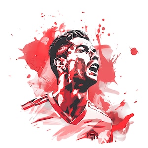 May include: A digital illustration of a soccer player in a red and white jersey with a red and white soccer ball. The player is in mid-air, kicking the ball with his right foot. The background is a red and white abstract design.