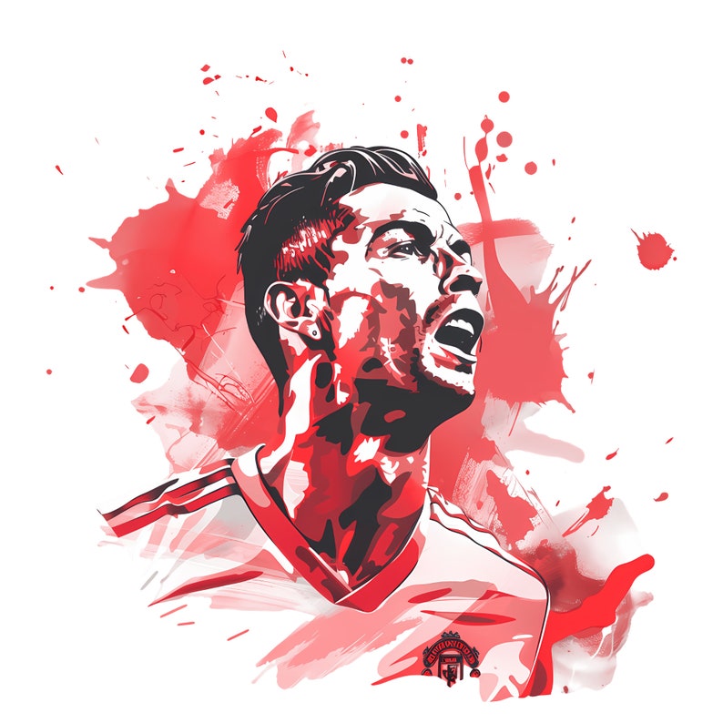 May include: A digital illustration of a soccer player in a red and white jersey with a red and white soccer ball. The player is in mid-air, kicking the ball with his right foot. The background is a red and white abstract design.
