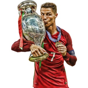 May include: A soccer player in a red and green jersey kisses a silver trophy. The trophy has the words "UEFA EURO 2016" on it. The player is wearing a gold medal around his neck.