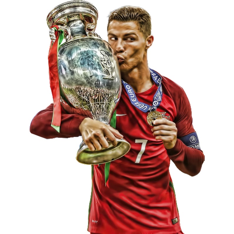 May include: A soccer player in a red and green jersey kisses a silver trophy. The trophy has the words "UEFA EURO 2016" on it. The player is wearing a gold medal around his neck.