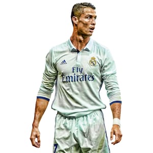 May include: A white soccer jersey with blue accents and the text "Fly Emirates" on the front. The jersey has the Adidas logo on the left side and the Real Madrid crest on the right side.