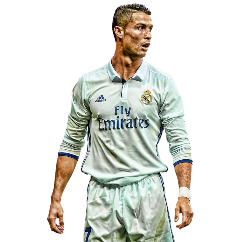 May include: A white soccer jersey with blue accents and the text "Fly Emirates" on the front. The jersey has the Adidas logo on the left side and the Real Madrid crest on the right side.
