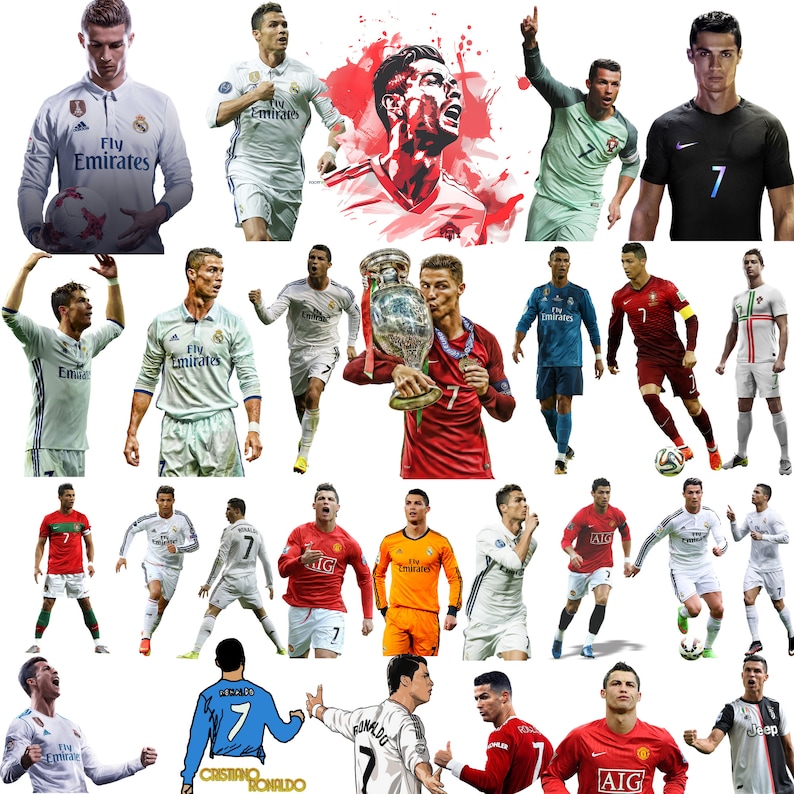 May include: A collage of images featuring a famous soccer player wearing different jerseys and holding a trophy. The player is wearing jerseys from Real Madrid, Manchester United, and Portugal. The player is also holding the UEFA Champions League trophy.