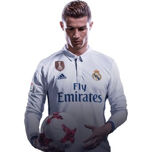 May include: A soccer player in a white jersey with the text "Fly Emirates" and the logo of Real Madrid. He is holding a soccer ball.