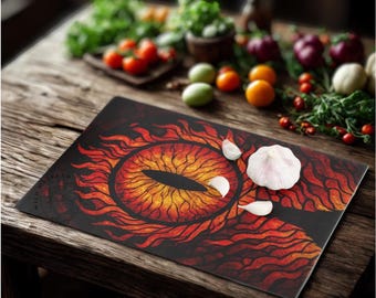 Servier- und Schneidebrett aus gehärtetem Glas • ‚Eye of Sauron‘ Fantasy Küchendekor • Mittelerde inspiriertes Geschenk