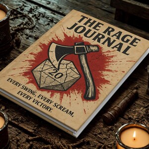 May include: A journal with the title "The Rage Journal" and a graphic of an axe and a die with the number 20. The journal has the text "Every swing, every scream, every victory." The journal is on a wooden surface with lit candles.