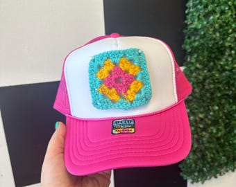 Pink Granny Square Crochet Otto Trucker Hat Cap by 