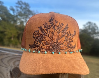 Hand Burned Sunflower Trucker Hat