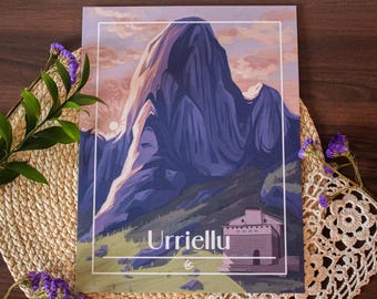 May include: A print featuring a mountain landscape with the word "Urriellu" in the lower center. The artwork depicts a large, purple mountain under a sunset sky, with a building at the base. The print is framed in white.