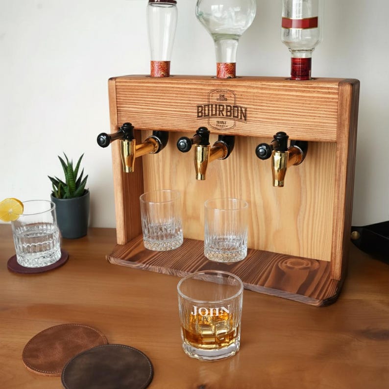a wooden bar with a variety of glassware, including whiskey glasses and shot glasses, arranged on a wooden shelf. There are also several bottles of alcohol, including a bottle of whiskey and a bottle of vodka, placed on the shelf.