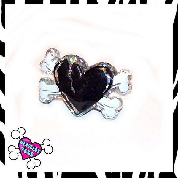 Glittery Chunky Resin Black Broken Heart and Crossbones Ring