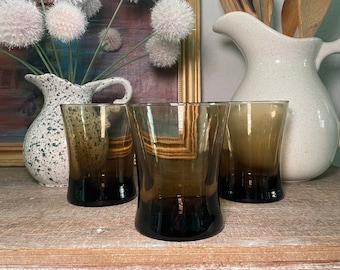 Set of 4 MCM Vintage Smoky Brown Flared Lowball Glass Tumblers