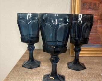 Vintage Fostoria Virginia Dark Blue Water Goblets - Set of 9