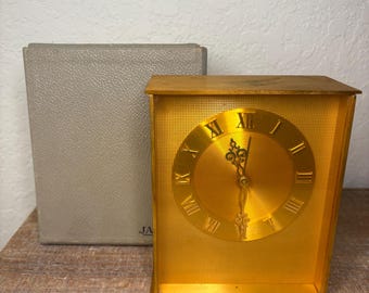 Vintage MCM Jaeger Gold-Plated Brass Musical Table Clock with Original Box